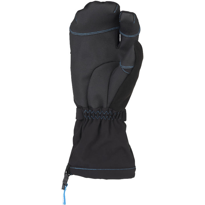 Studio image of the palm view of the 45NRTH Sturmfist mitt.  The glove is black with blue stitching and a light blue pull cinch  at the cuff