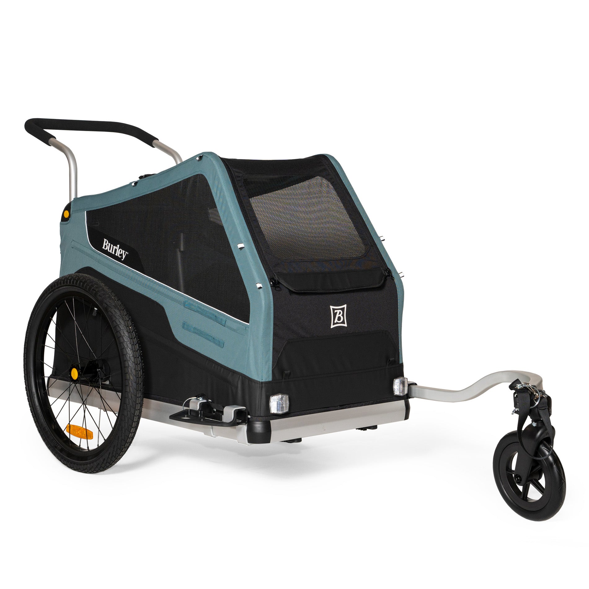 Front quarter view of the Burley Bark Ranger Pet Trailer, shown on a white background.