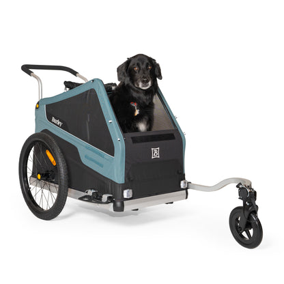 Front quarter view of the Burley Bark Ranger XL Pet Trailer, shown with a black dog inside, on a white background.