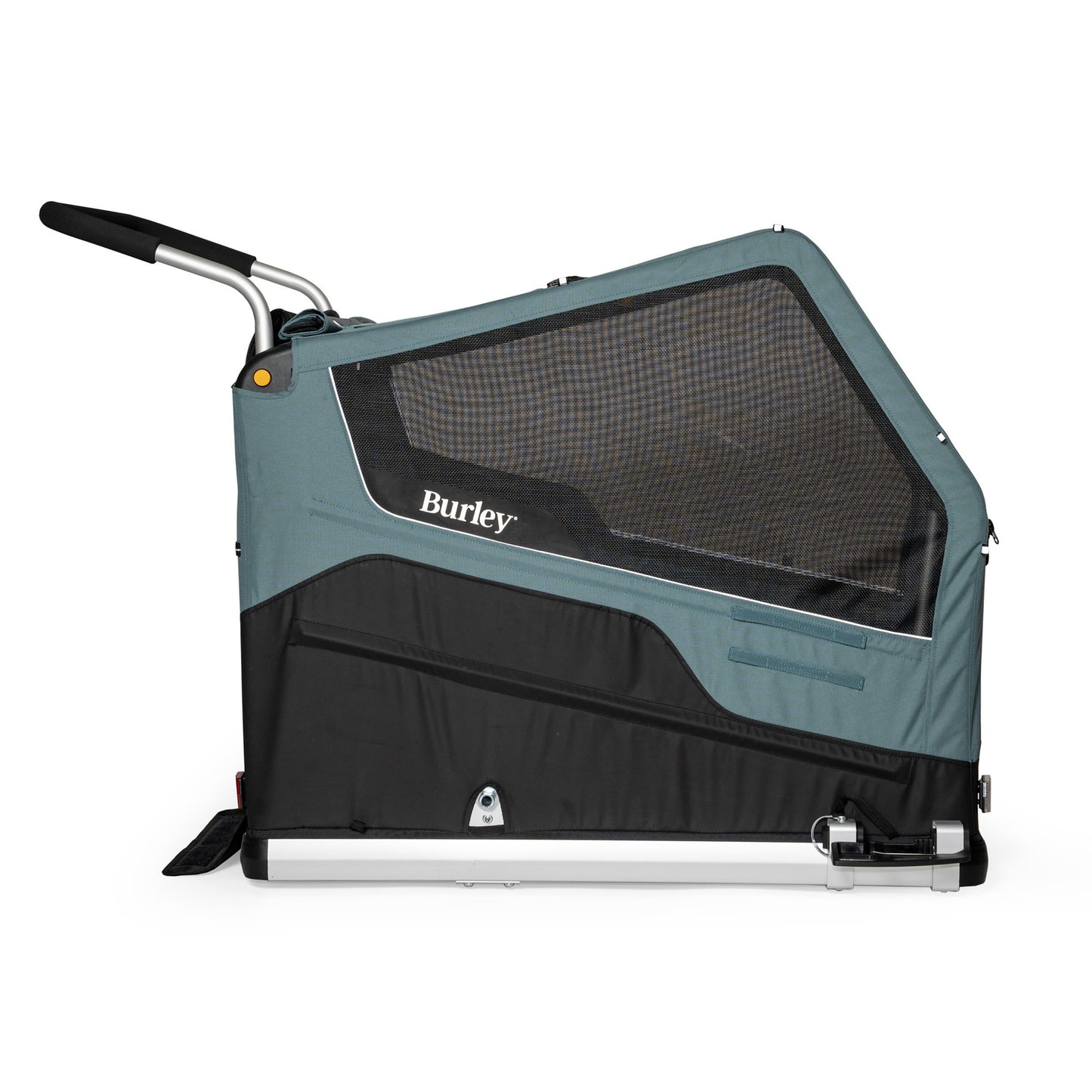 Side view of the Burley Bark Ranger XL Pet Trailer, shown with wheels removed, on a white background.