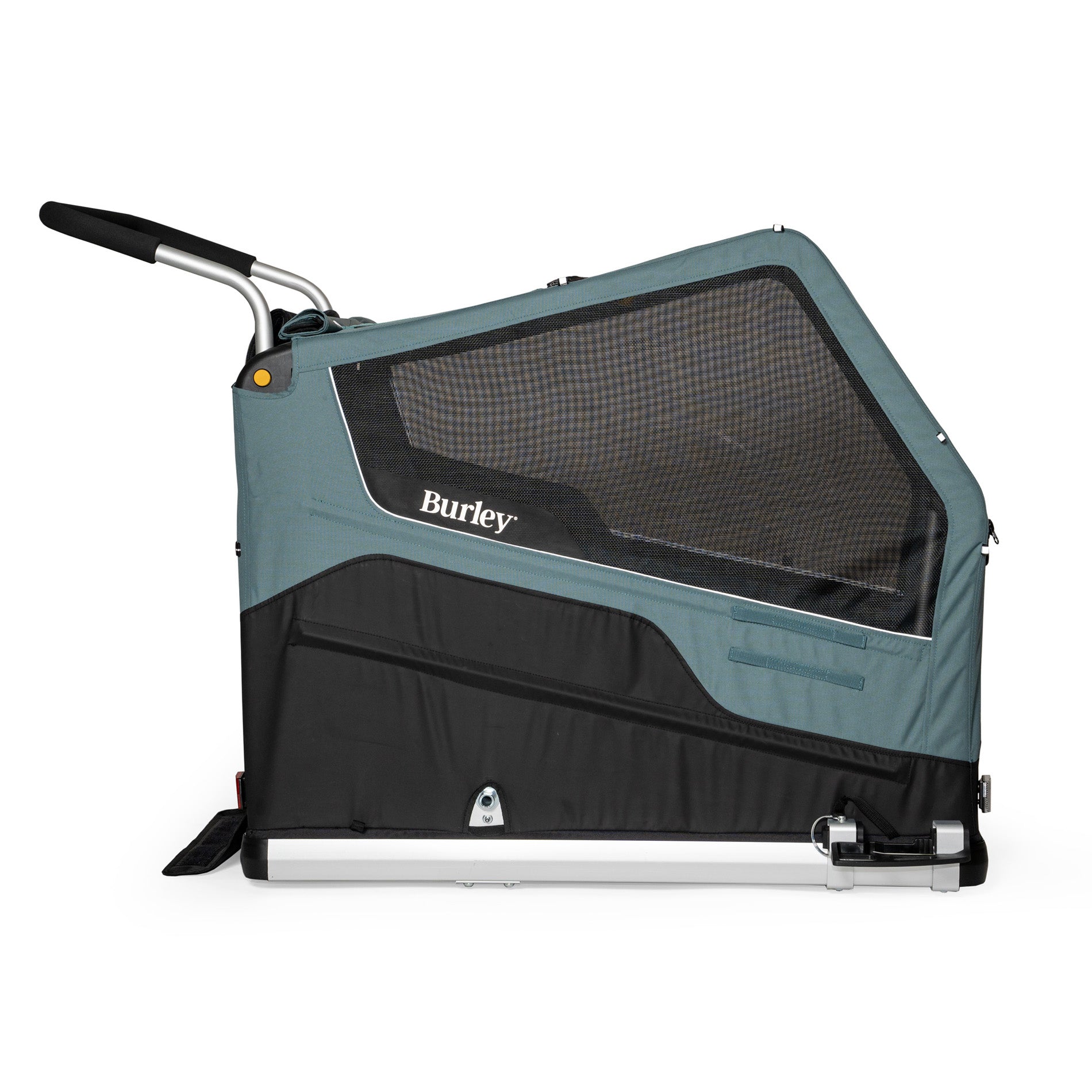 Side view of the Burley Bark Ranger XL Pet Trailer, shown with wheels removed, on a white background.