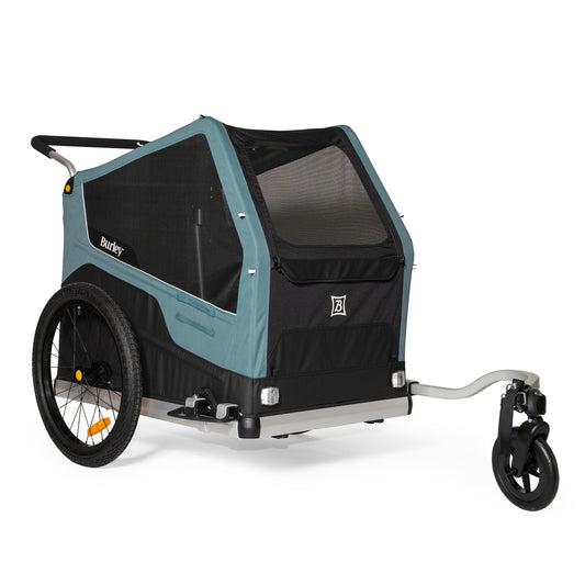 Front quarter view of the Burley Bark Ranger XL Pet Trailer, shown on a white background.