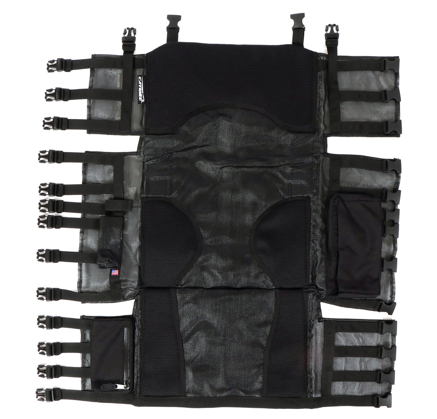Studio top view of black replacement recumbent seat mesh for a Catrike 700 recumbent trike.  Seat mesh has 13 buckles along sides and 4 buckles along the top.