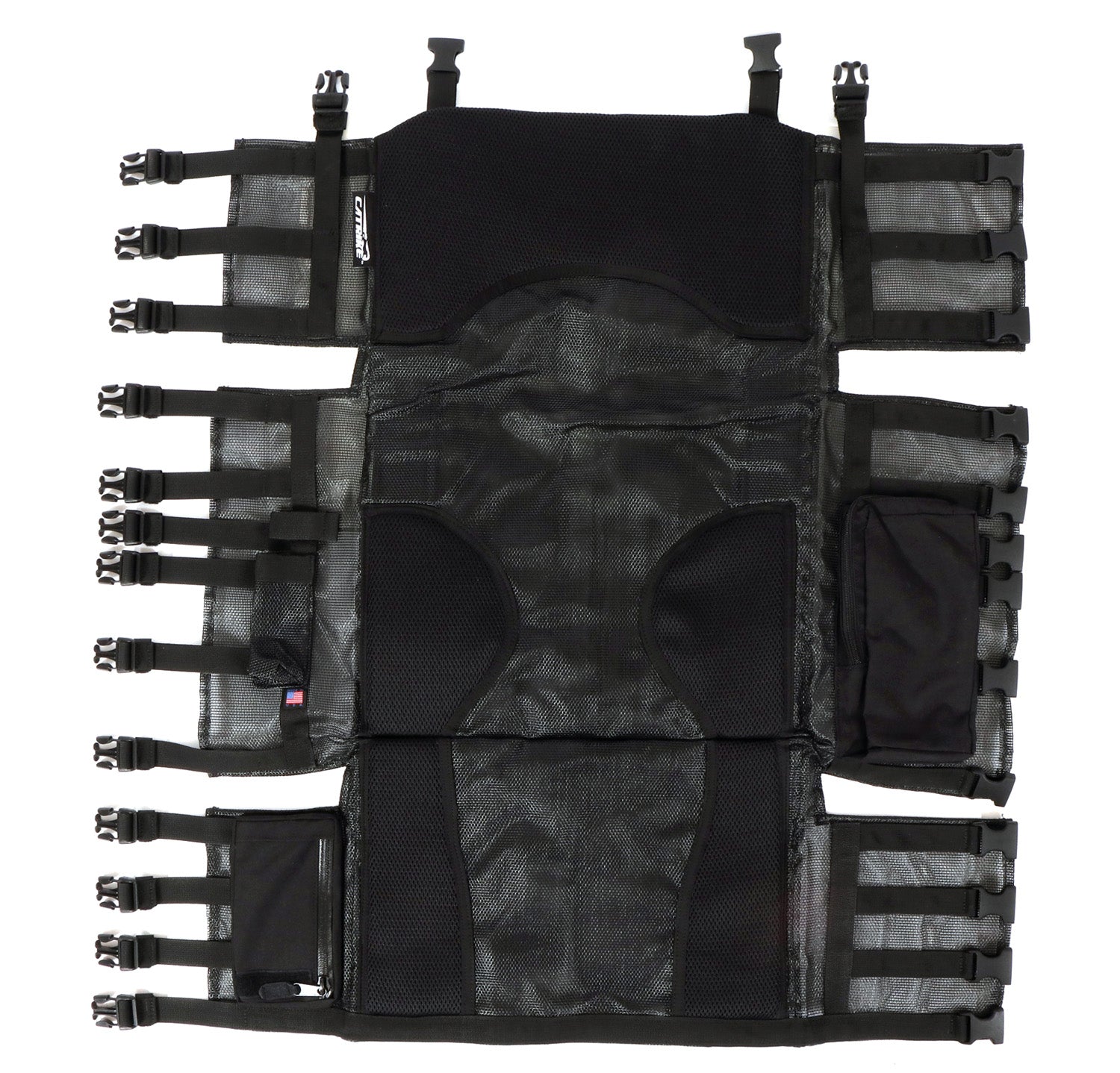 Studio top view of black replacement recumbent seat mesh for a Catrike 700 recumbent trike.  Seat mesh has 13 buckles along sides and 4 buckles along the top.