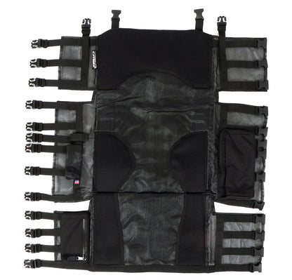 Studio top view of black replacement recumbent seat mesh for a Catrike 700 recumbent trike.  Seat mesh has 13 buckles along sides and 4 buckles along the top.