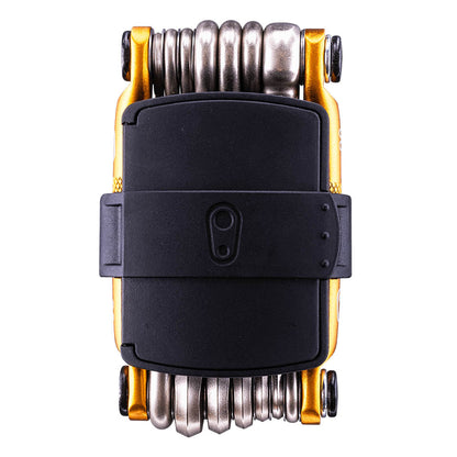 Studio image of gold and silver Crank Brothers mutli-tool folded and secured in black case.