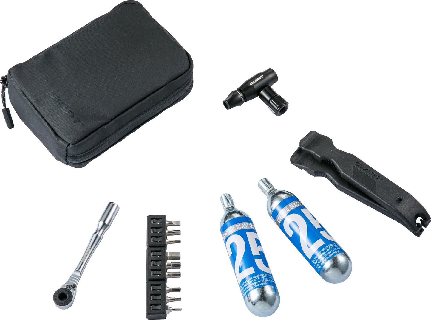 Studio image of black pouch, silver wrench with 9 bits, 2 25 gram CO2 cartridges, 2 black plastic tire levers, and a CO2 pump head.