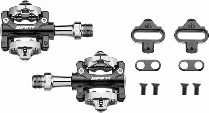 Giant XC Pro Clipless Pedals MTB showing the two left and right pedals, and the provided clips, washer, and bolts.