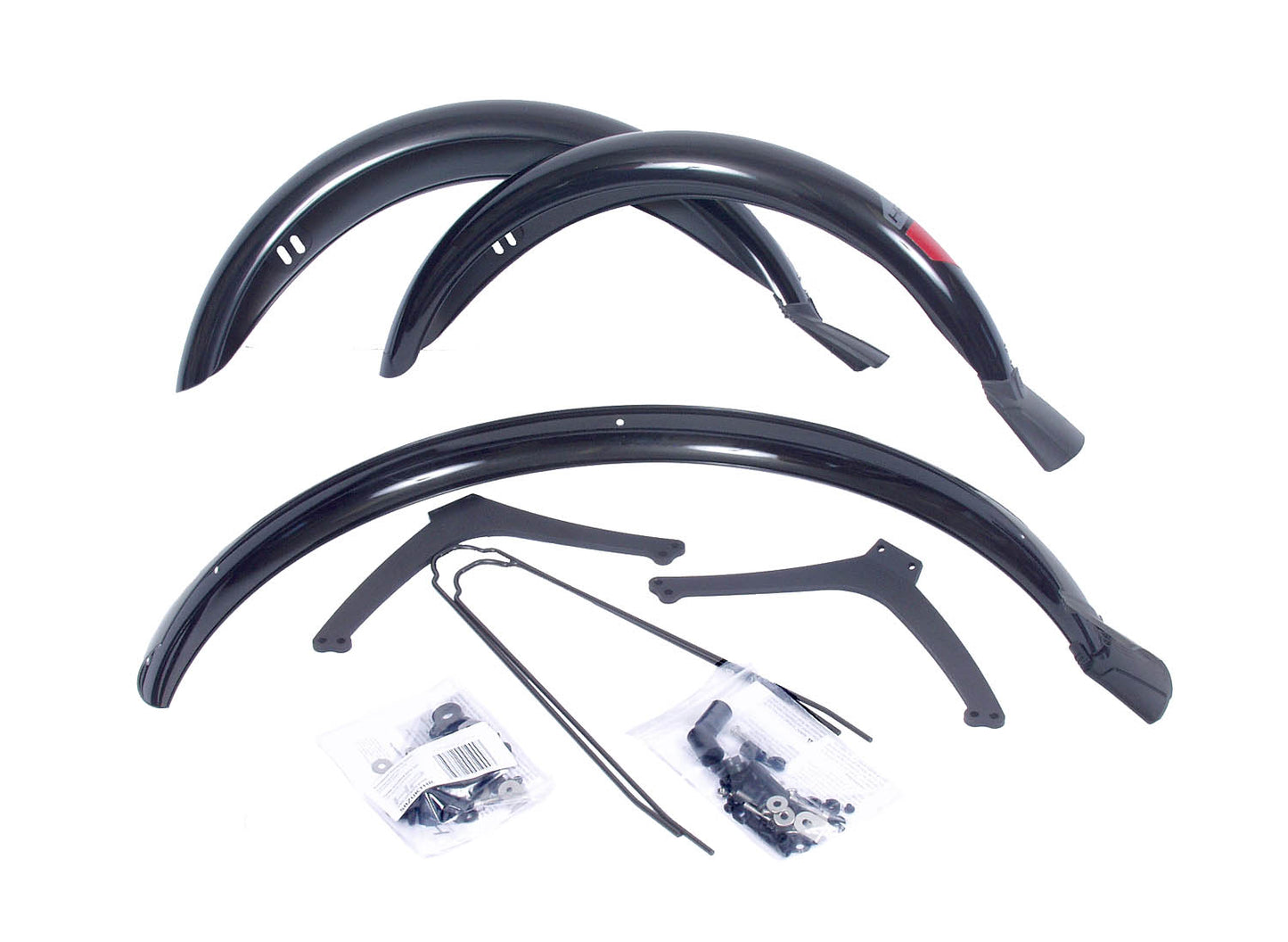 Studio view of all parts for a black HP Velotechnik fender set for a 26 inch rear wheel and 20 inch front wheels