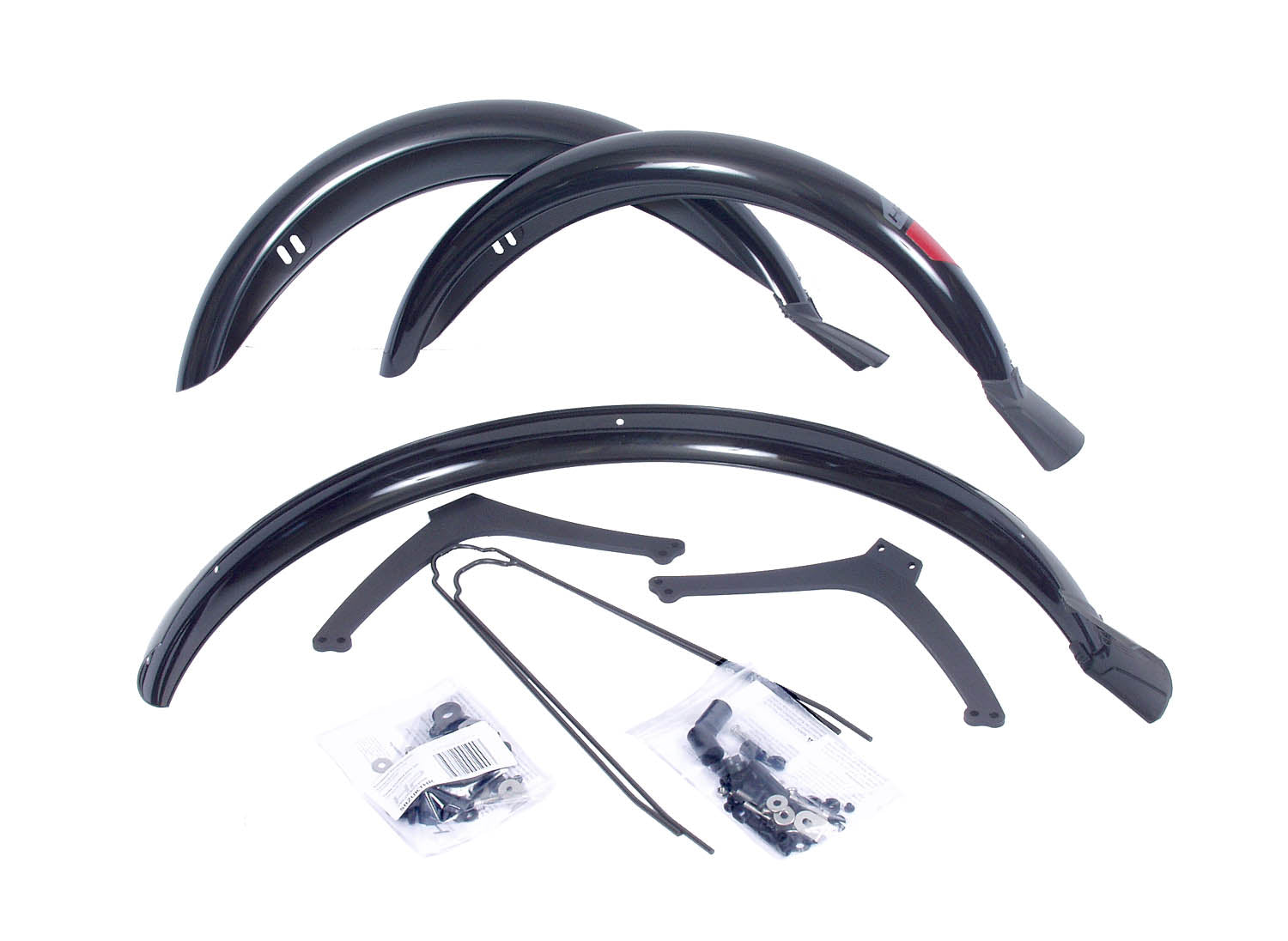 Studio view of all parts for a black HP Velotechnik fender set for a 26 inch rear wheel and 20 inch front wheels