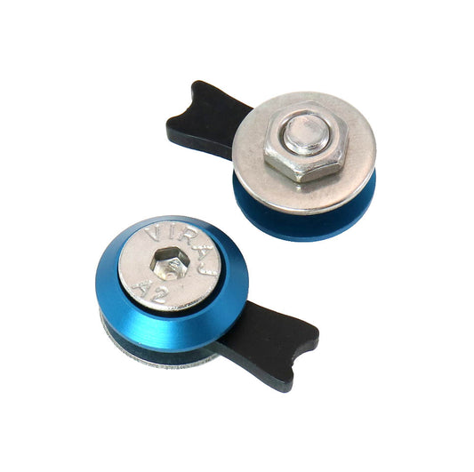 HP Velotechnik Adjustable End Stops for recumbent seats in anodized blue with black and silver.
