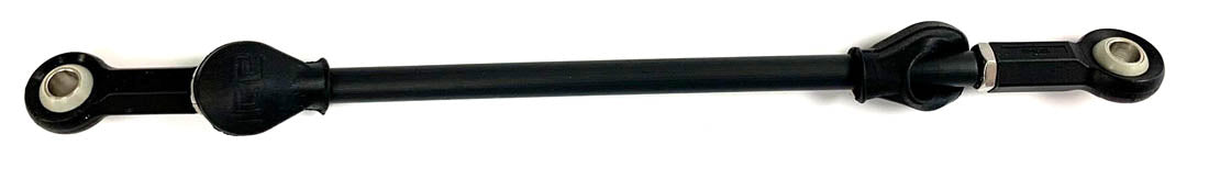 Top view of a black ICE Adventure recumbent trike track rod assembly with black rubber rose joints