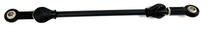Top view of a black ICE Adventure recumbent trike track rod assembly with black rubber rose joints