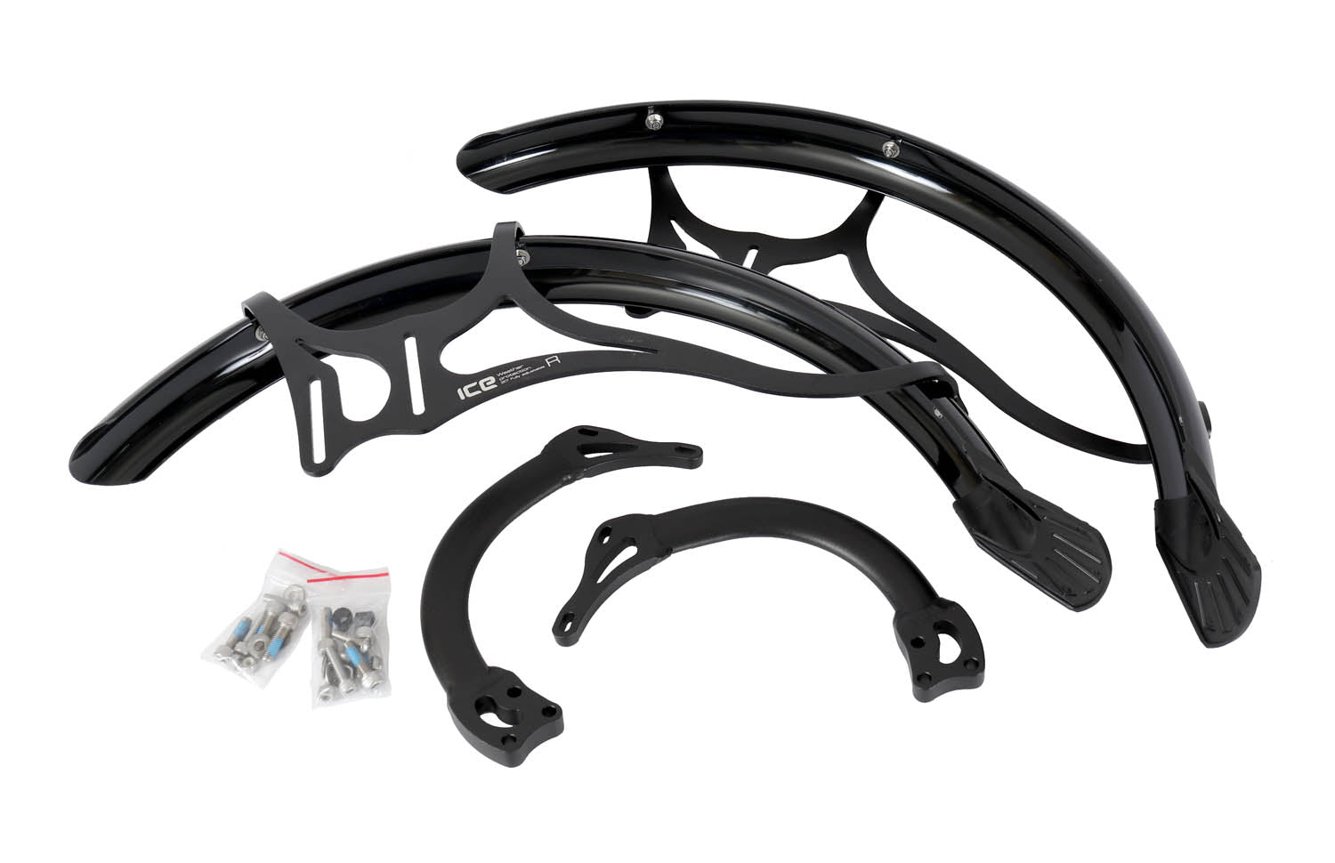 Studio view of ICE fender set for ICE recumbent trikes with suspension. Image depicts 2 small bags with nuts and boles, 2 black fenders, and black mounting hardware