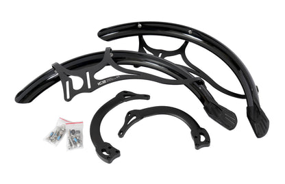 Studio view of ICE fender set for ICE recumbent trikes with suspension. Image depicts 2 small bags with nuts and boles, 2 black fenders, and black mounting hardware