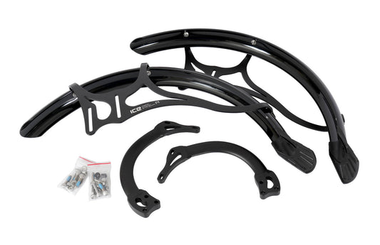 Studio view of ICE fender set for ICE recumbent trikes with suspension. Image depicts 2 small bags with nuts and boles, 2 black fenders, and black mounting hardware