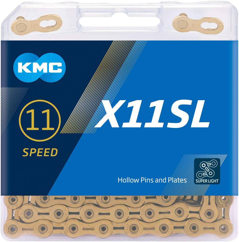 KMC X11SL Super Light 11 Speed 116 Links Gold Chain showing the front of the box