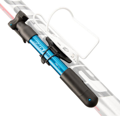 Park Tool Mini Air Tool (PMP-4.2B) installed on a bicycle with a water bottle cage.