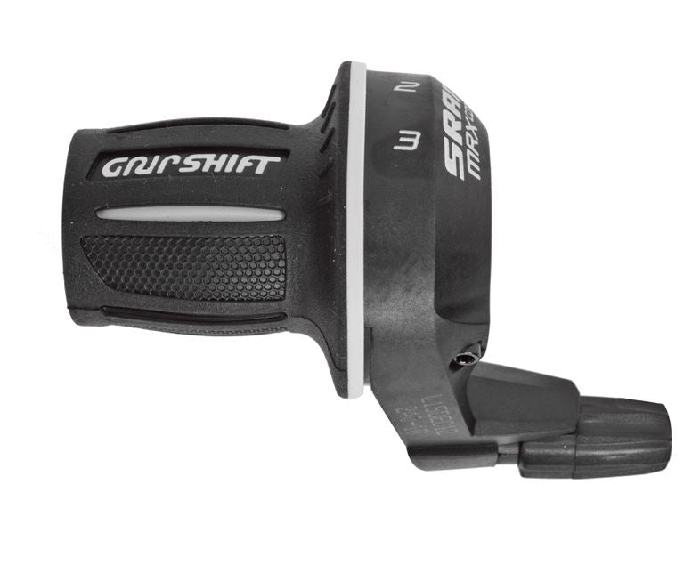 SRAM MRX Comp 3 Speed Micro Adjust Twist Shifter, black in color, designed for bicycles.
