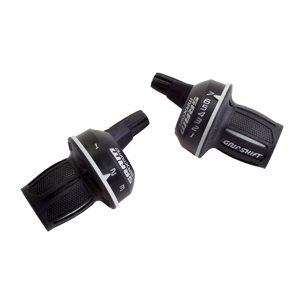 Two black SRAM twist shifters for bicycles, one for the rear gear and one for the front gear, with white and gray text and markings.