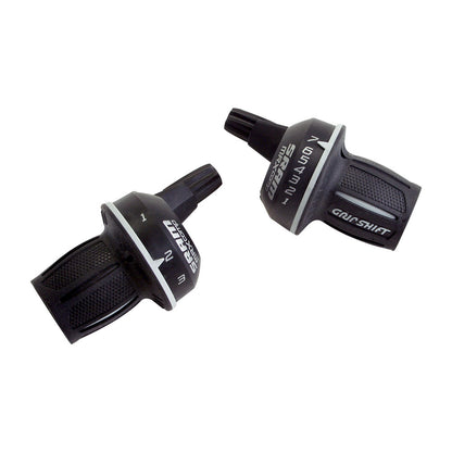 Two black SRAM twist shifters for bicycles, one for the rear gear and one for the front gear, with white and gray text and markings.