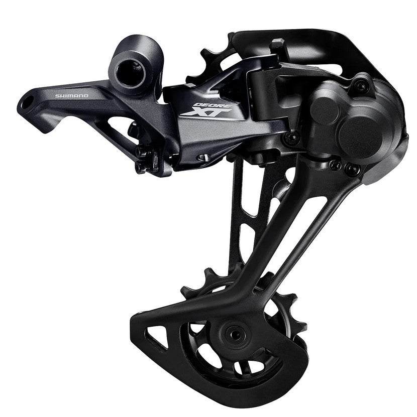 Shimano M8120 SGS XT 12 Speed Long Cage 2x Rear Derailleur showing the full derailleur on a white background
