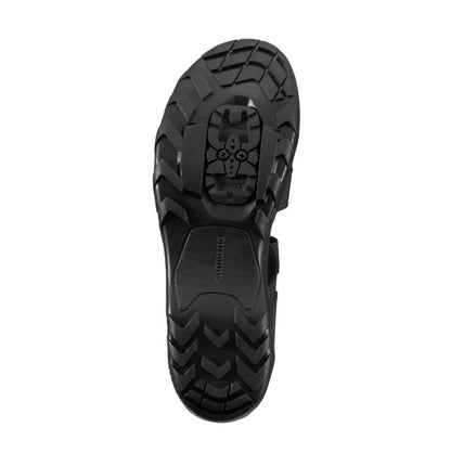 Sole view of the Shimano SD501 Bicycle Sandals in Black against a white background.