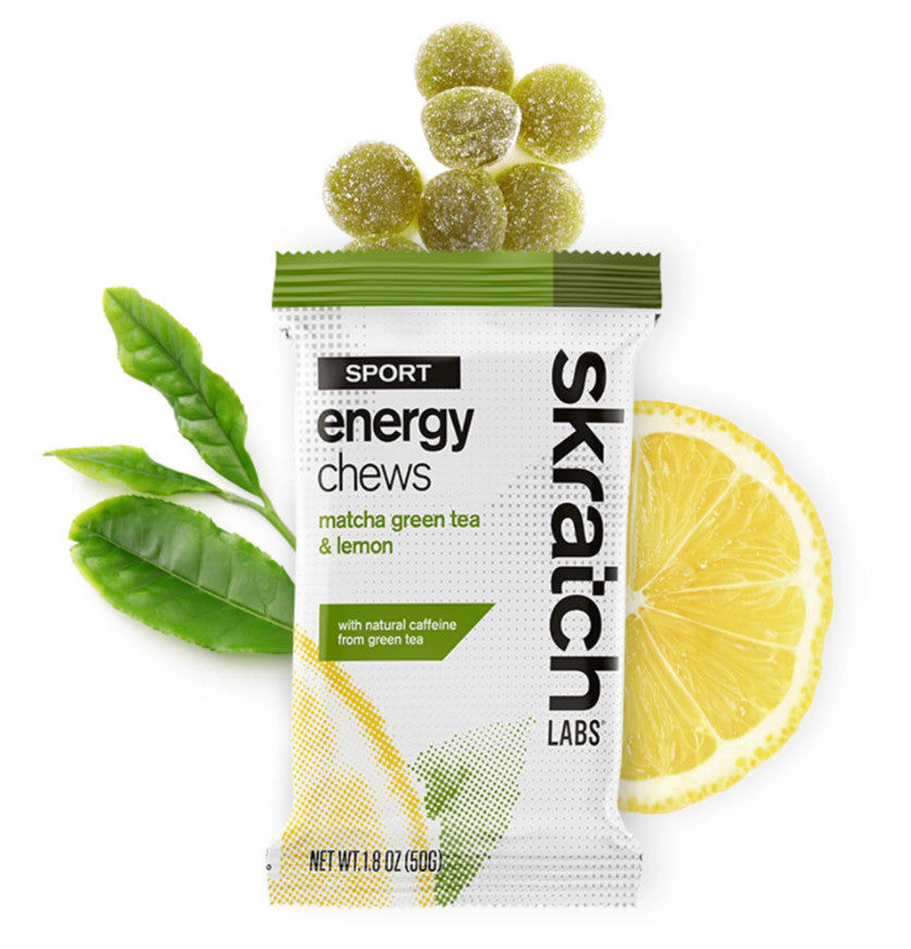 Skratch Labs Sport Energy Chews Single Pack with lemon cutout behind the package. 