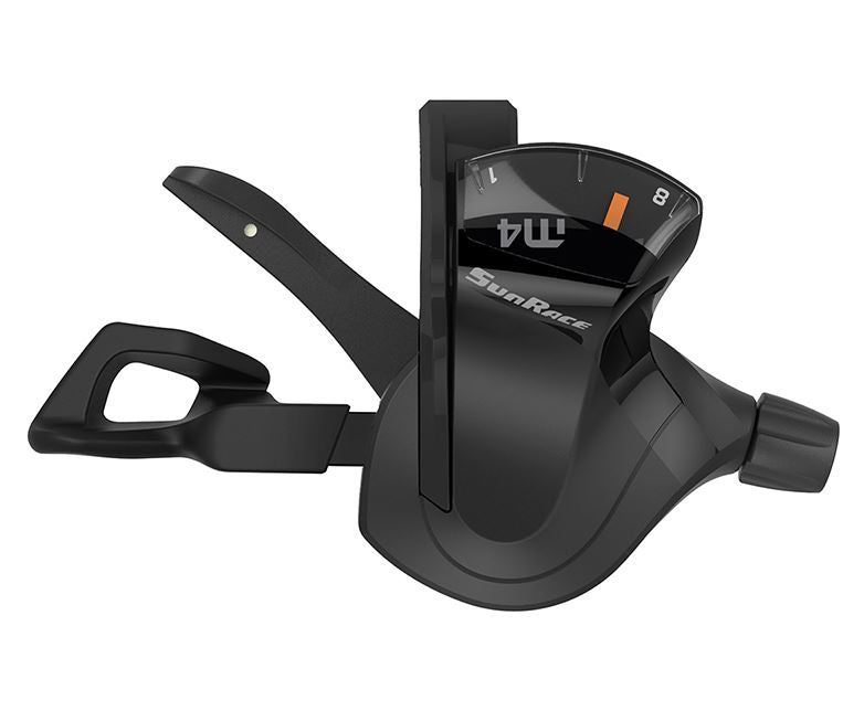 A pair of black SunRace M403 3x7 speed trigger shifters for bicycles.