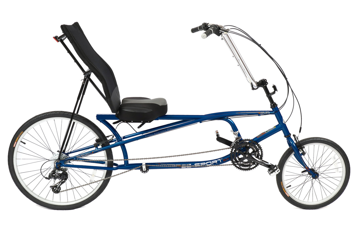 Studio image of right profile of a SunSeeker EZ Sport recumbent bike with dark blue frame
