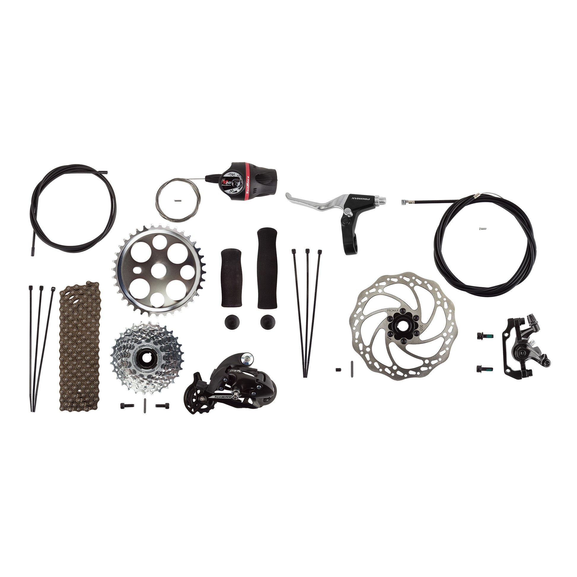 Sun Bicycles Seven Speed Trike Conversion Kit with Disc Brake showing all the parts involved in the conversion kit 