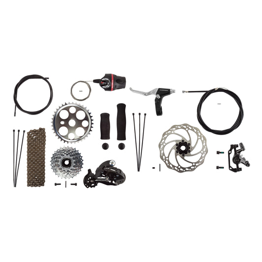 Sun Bicycles Seven Speed Trike Conversion Kit with Disc Brake showing all the parts involved in the conversion kit 