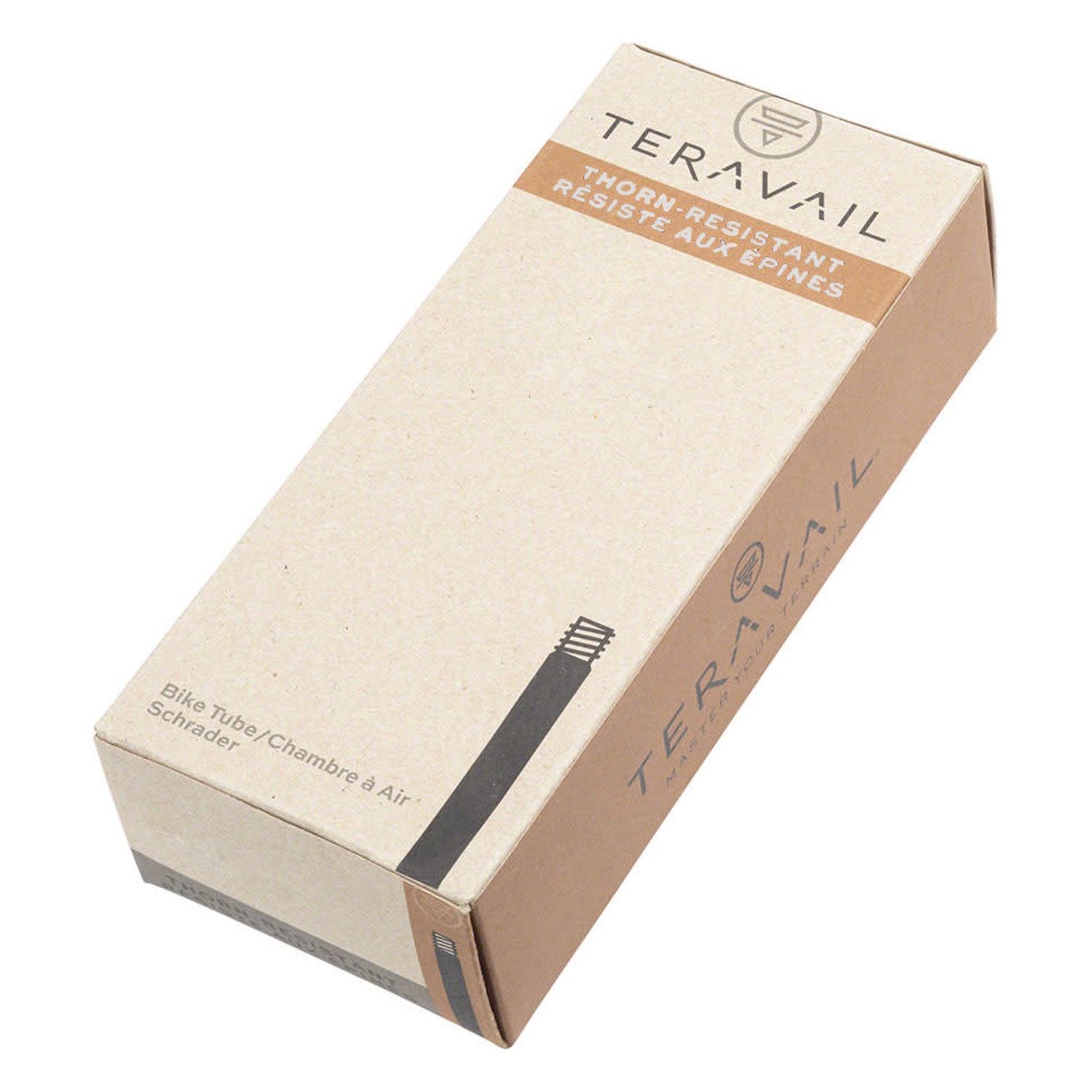 The image shows the packaging box for Teravail Thorn Resistant Schrader Valve Tube. The box is beige and brown with the brand name and product details printed on it.