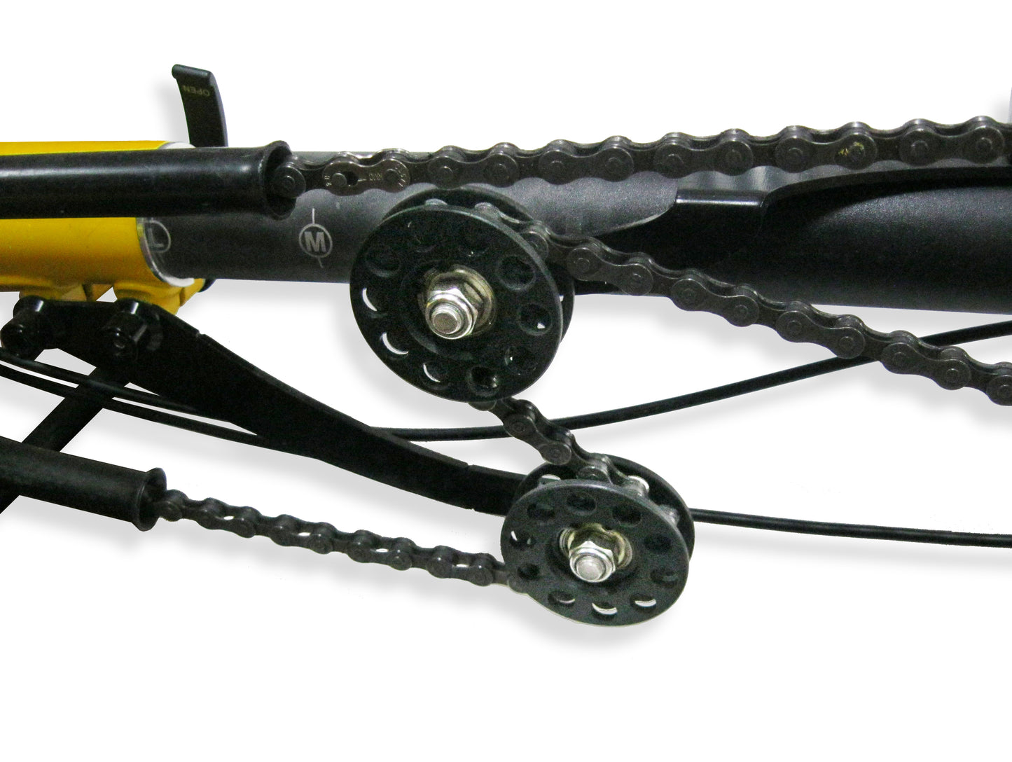 TerraTrike Chain Gobbler 3 as shown on a yellow terratrike, on a white background