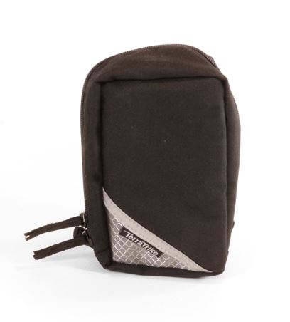 TerraTrike Easy Reach Bag Black studio image front showing small reflective section on lower left corner of bag with TerraTrike logo and two zippers visible along side of bag