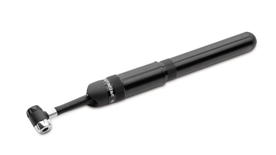 Black and silver Specialized pump with flexible hose.