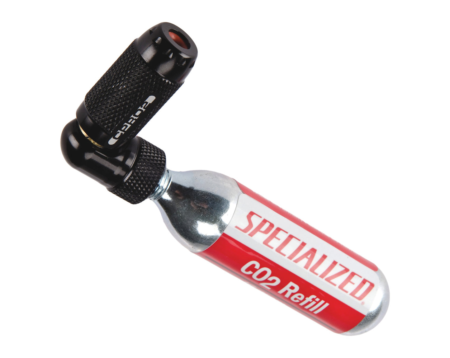Studio image of a Specialized silver, red, and white CO2 refill cartridge with black valve head attached. 