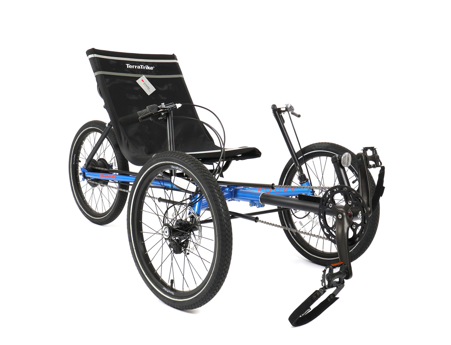 Front angled view of the TerraTrike Rogue Recumbent Trike in blue.