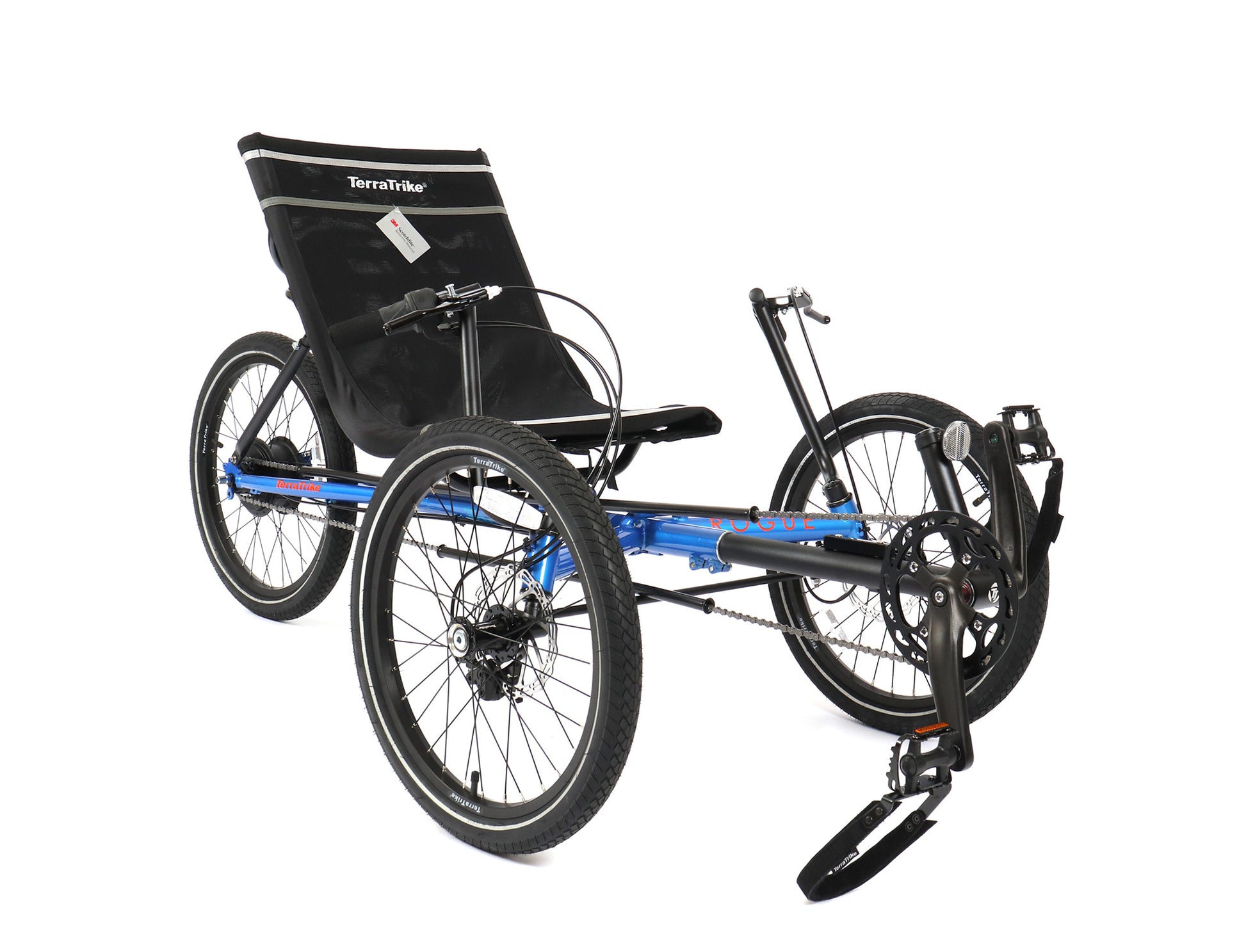 Front angled view of the TerraTrike Rogue Recumbent Trike in blue.