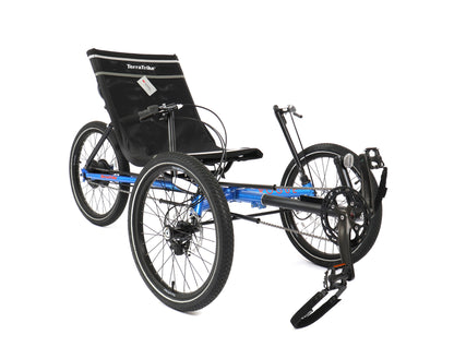 Front angled view of the TerraTrike Rogue Recumbent Trike in blue.