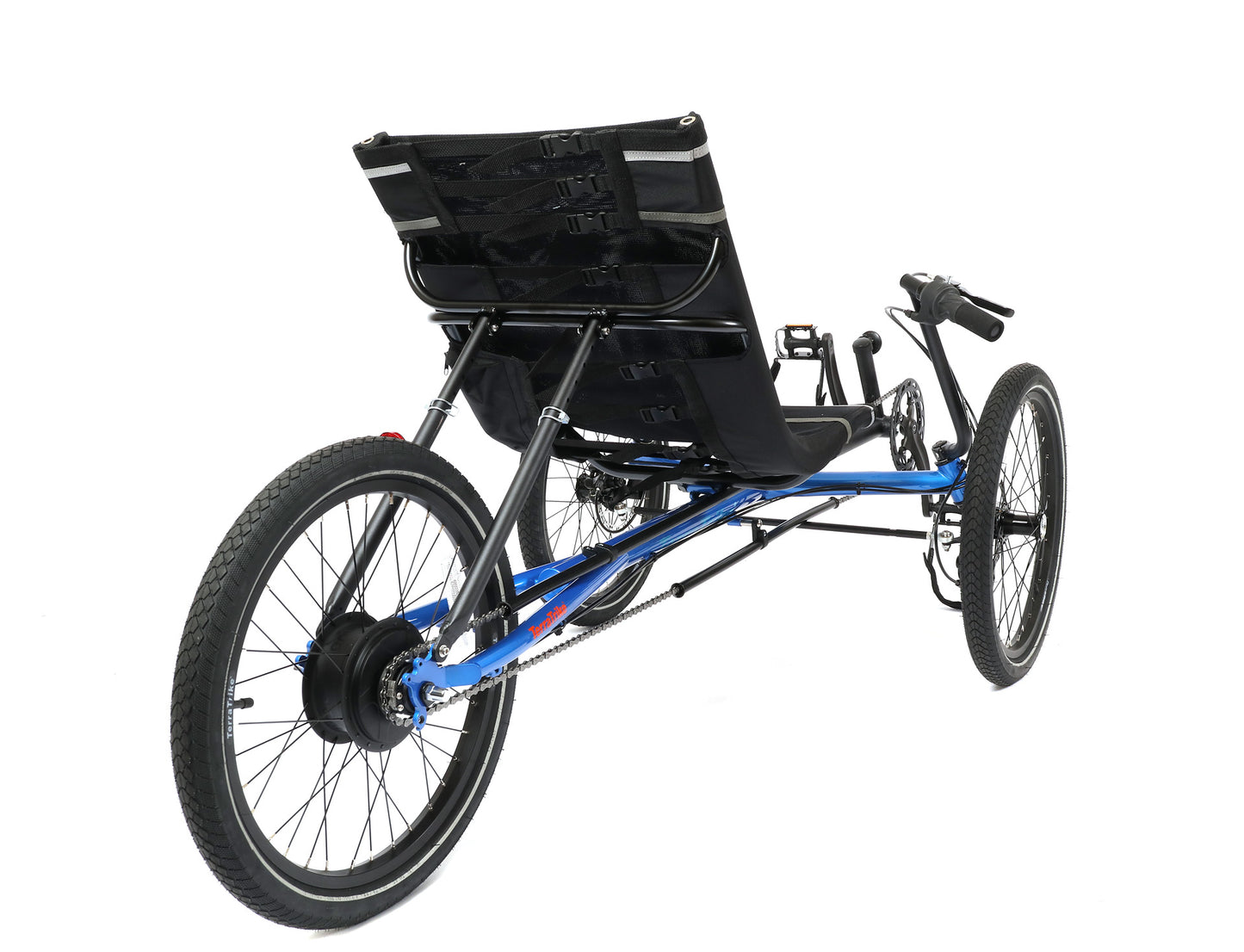 Back angled view of the TerraTrike Rogue Recumbent Trike in blue.