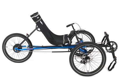 Side view of the TerraTrike Rogue Recumbent Trike in blue.
