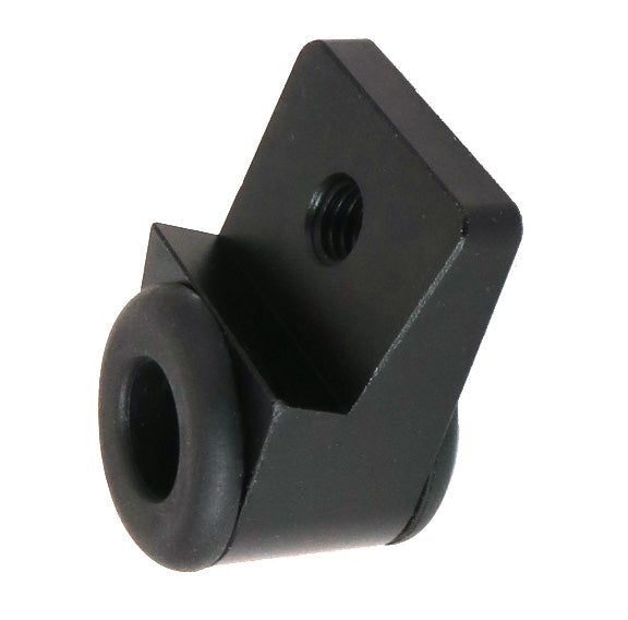 HP Velotechnik front suspension stabilizer bracket with polyurethane bushing, black in color, for attaching to a bicycle frame.